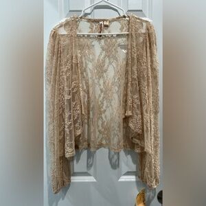 NWT Eyeshadow Beige Lace Cardigan Sz L Boho Hippie Free Spirit Whimsical Fairy